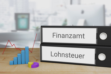 Einkommensteuer. Ordner beschriftet mit den Wörtern Finanzamt und Lohnsteuer liegen neben Diagrammen auf einem Schreibtisch. Büro im Hintergrund.