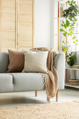 Pastel pillows on a sofa in a cozy living room interior. Real photo