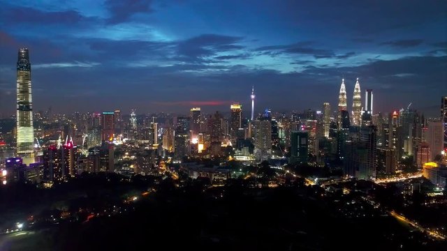 Aerial night view buildings and landmarks in Kuala Lumpur, city centre. Kuala Lumpur, MALAYSIA. 