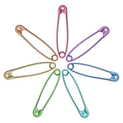 Set of Realistic safety pins for clothes, safety pins of rainbow colors isolated on white, vector illustration