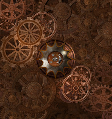 Steampunk rusty background with lots of cogwheels - 3D illustration