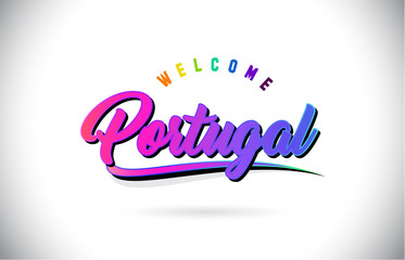 Portugal Welcome To Word Text with Creative Purple Pink Handwritten Font and Swoosh Shape Design Vector.