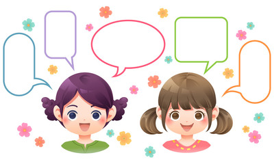Cute girl, speech bubble and flower, vector
