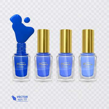 Set of nail Polishes of colors from dark blue to light blue, nail polishes on transparent background, vector illustration