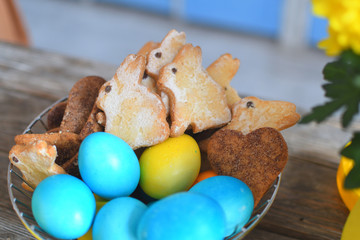 Multi-colored Easter eggs with gingerbread rabbit in metall basket . Yellow, orange and blue.
