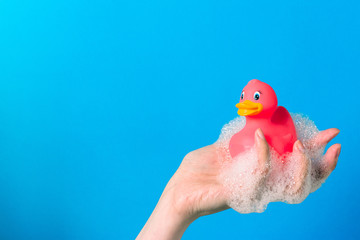 Female hand holding a rubber pink duck in the lather.