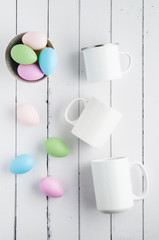 easter mug mockup with pastel colored eggs