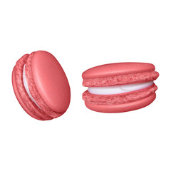 Set of macaroons on white background with groups of two almond cakes from different angles vector illustration