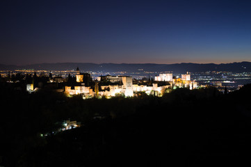 Panorama of Sierra Nevada and Granada, Spain as Seen from Sacromonte Hill at Night