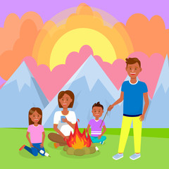 Camping with Family in Mountains Vector Drawing