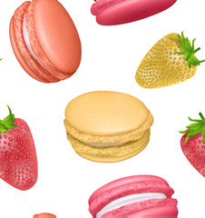 Seamless pattern with french sweet macaroons and strawberries. Fresh bakery. Can be used in food industry for wallpapers, posters, wrapping paper. Vector Eps10