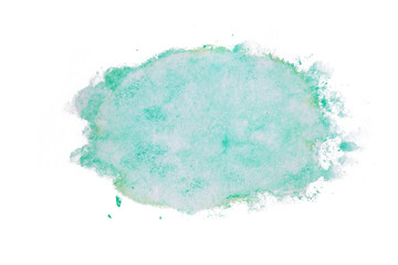 Abstract watercolor spot on white textured paper. Isolated. Hand-drawn background. Aquarelle brush stains on paper. For design, web, card, text, decoration, surfaces. Turquoise, marine color.