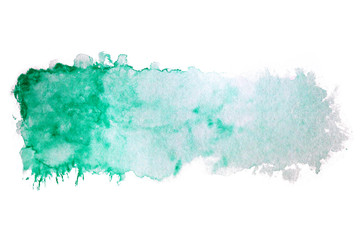 Abstract watercolor spot on white textured paper. Isolated. Hand-drawn background. Aquarelle brush stains on paper. For design, web, card, text, decoration, surfaces. Turquoise, marine color.