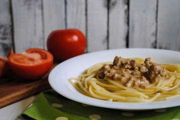 Spaghetti on a white plate