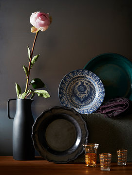 Peony in Carafe with Plates