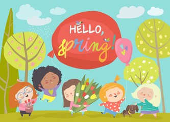 Plakat Cute little girls meeting spring in park