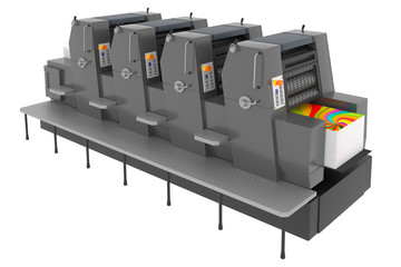 Printing solutions: industrial offset printer four-colors isolated on white background
