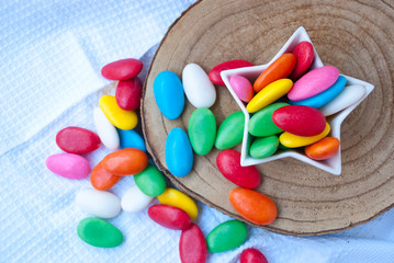 Easter colorful egg candies. Sweet food  holiday background.