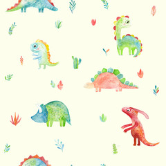 Hand drawn seamless pattern with dinosaurs and floral elements.  Cute watercolor illustration design. Perfect for kids fabric, textile, nursery wallpaper. © mikka_sole