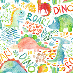 Hand drawn seamless pattern with dinosaurs and floral elements.  Cute watercolor illustration design. Perfect for kids fabric, textile, nursery wallpaper. © mikka_sole