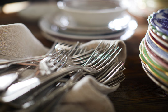 Closeup of Forks on Linen