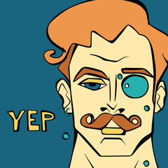Vector character of handsome man with orange hair, eyebrows and mustache. Illustration for t-shirt print, card, poster. Isolated portrait with yellow hand drawn lettering Yep on dark blue background 