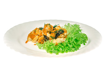 dish food from the restaurant. isolated background. view from above . side view