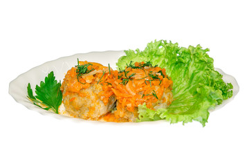 dish food from the restaurant. isolated background. view from above . side view