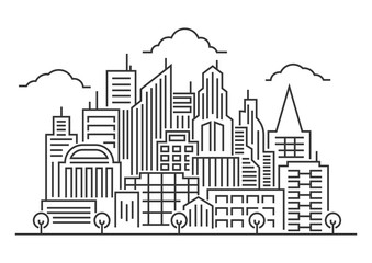 Thin line art vector Illustration of modern big city background with skyscrapers