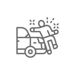 Car knocks down a man, crash line icon.