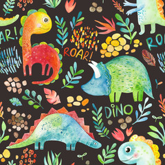 Hand drawn seamless pattern with dinosaurs and floral elements.  Cute watercolor illustration design. Perfect for kids fabric, textile, nursery wallpaper. © mikka_sole