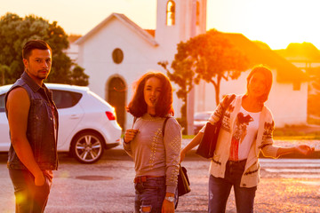 friends walking in denim clothes