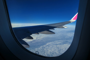 view from the plane window.Airplane wing