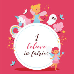 Fairy girl vector magic faery character and fantasy beautiful princess cartoon unicorn of fairy-tale in fairyland rainbow backdrop illustration girlie pixy with magic wings background