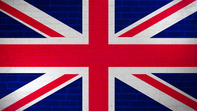 United Kingdom national flag painted on brick wall. Stone wall texture background. Vintage template for wallpaper,poster, banner. Background for design in country flag. Vector grunge illustration