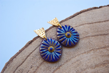 Handmade jewelry of polymer clay. Boho chic purple gold earrings. Luxury jewelry.