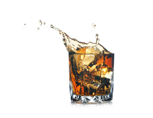 Whisky splash on white background.