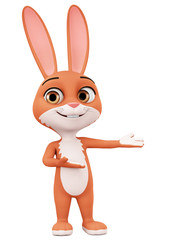 Character cartoon rabbit points to an empty space. 3d rendering. Illustration for advertising.