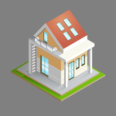 Isometric. House with a red roof, windows, lawn and columns in 3d