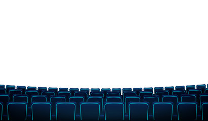 Cinema hall with white blank screen and chairs. Realistic rows of blue chairs movie theater seats facing a white screen background. Vector in flat design with white screen and rows of armchairs.