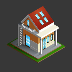 Isometric. House with a red roof, windows, lawn and columns in 3d