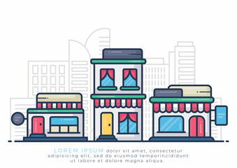 Online store building. Big city with skyscrapers on background. Vector illustration