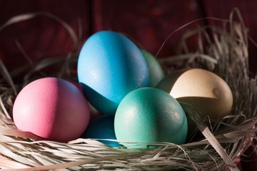Easter eggs on wooden planks