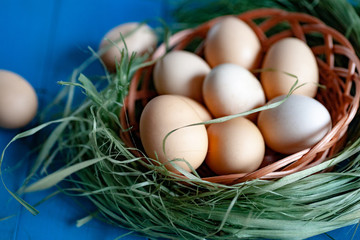 chicken eggs basket on the hey