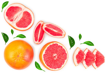 Grapefruit and slices isolated on white background with copy space for your text. Top view. Flat lay pattern
