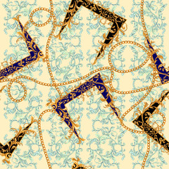 Baroque seamless pattern with chains. Vector floral patch for print, fabric, scarf.