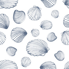 Seamless pattern. Vector Illustration of handdrawn seashells in sketch style on white background. Beach design.