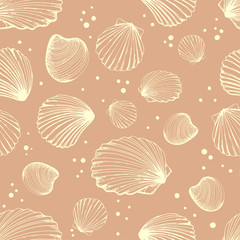 Seamless pattern. Vector Illustration of handdrawn seashells in sketch style on beige background. Beach design.