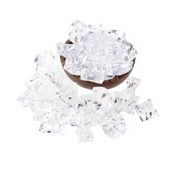 ice cubes wooden bowl isolated on white background © nathanipha99