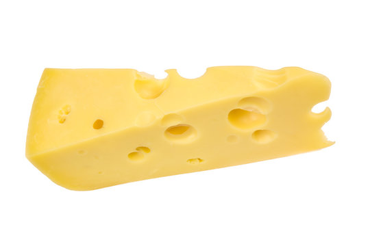 Sliced Maasdam Cheese Isolated on White Background. Slice of yellow cheese with big holes. Shadowless. Clipping paths. Top view